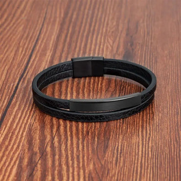 Simple Style Men's Black Genuine Leather Bracelet Classic Stainless Steel Insert Double-layer Braid Bangles For Men Friend Gift