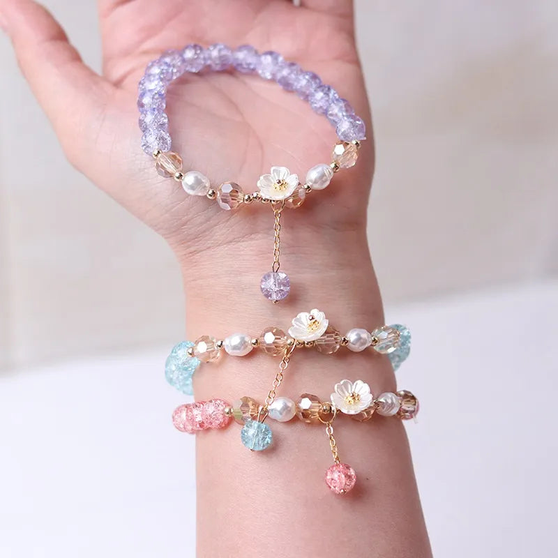 Fashion Flower Imitation Pearl Crystal Beads Bracelet For Women Elastic Adjustable Charm Bracelet Friendship Jewelry Accessories