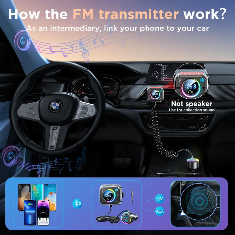 Bluetooth 5.3 FM/AUX Bluetooth biladapter, 【Installation av luftventiler och basförstärkning】 3 portar PD&amp;QC 3.0 FM Bluetooth bilsändare