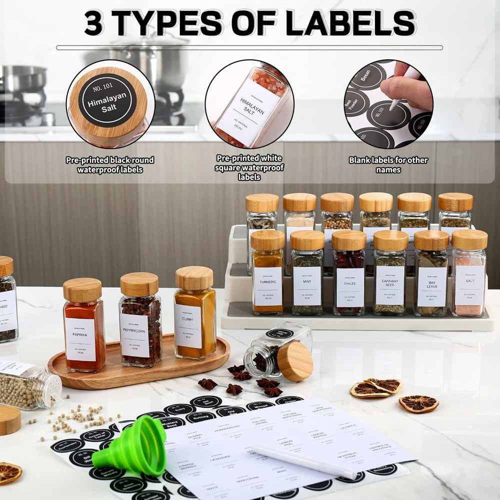 12pcs Wood Cover Glass Spice Jars Square Transparent Seasoning Storage Bottles Kitchen Salt Spices Ground Pepper Sealing Tools