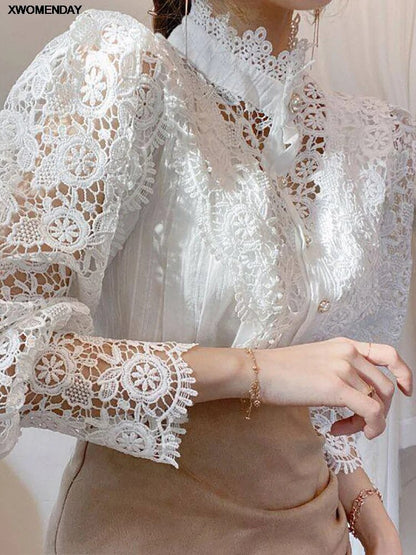 Women Chiffon Button Turtleneck Shirt Chic Elegant Floral Lace Fluffy Long Sleeve Top Fashion Hollow Oversize White Blouse