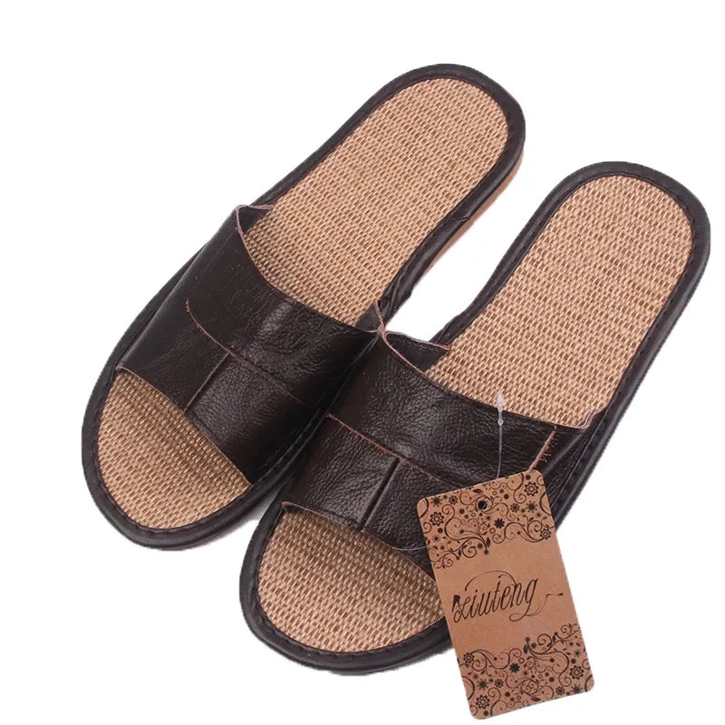 Famous Brand Casual Men Sandals Summer Leather Linen Slippers Summer Shoes  Flip Flops