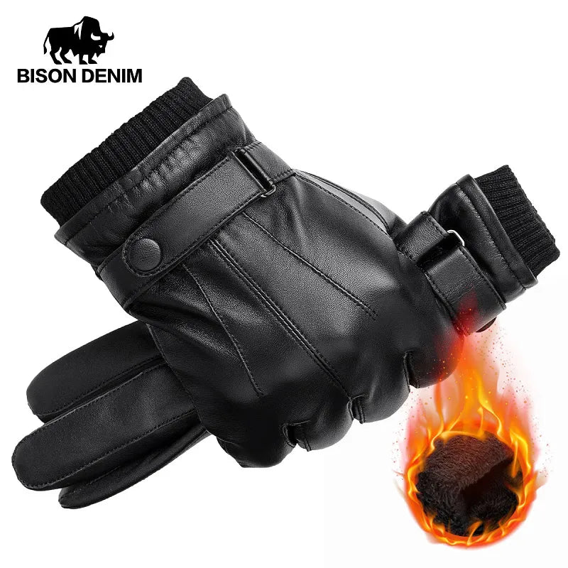 Men Genuine Sheepskin Leather Gloves Autumn Winter Warm Touch Screen Full Finger Black Gloves High Quality