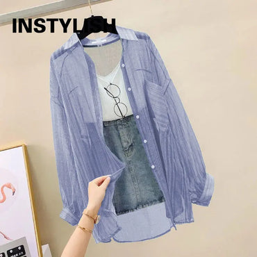 Summer Sunscreen Shirt Elegant Perspective Thin Chiffon Blouse Korean Harajuku See Through Loose Top Casual Women's Cardigan