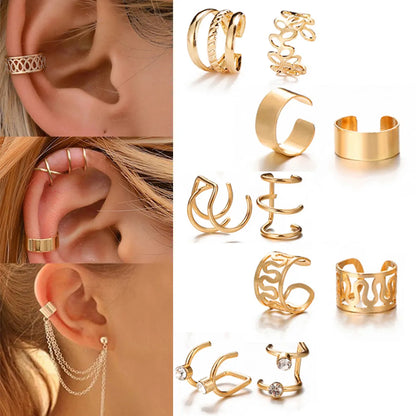 Gold Color Leaves Ear Cuff Black Non-Piercing Ear Clip Earrings for Women Men Fake Cartilage Earring Cuff Jewelry