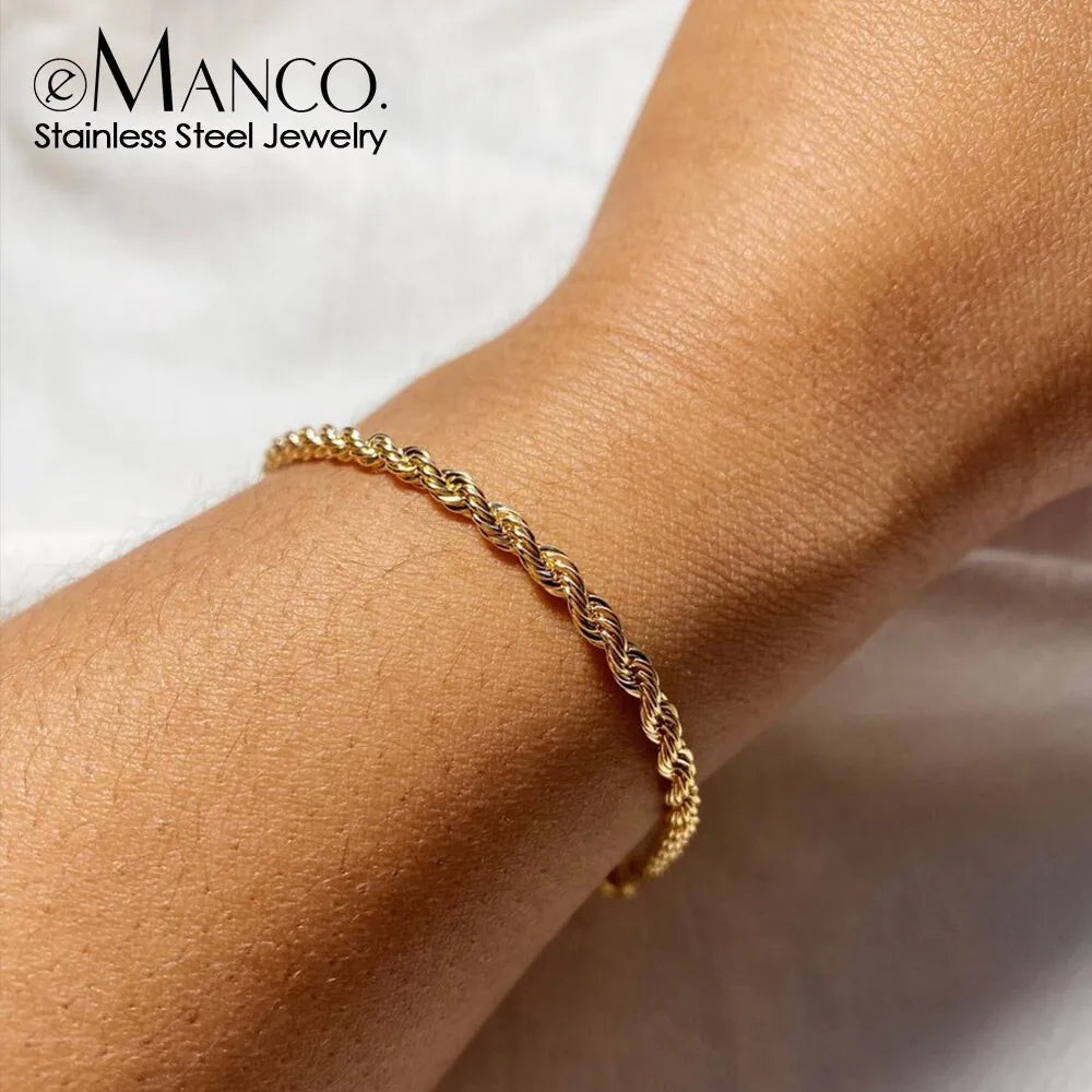 eManco Twisted  Rope Chian Bracelet for Woman Hip Hop Punk 4MM Gold Color Stainless Steel Gold Color Necklace Fashion Jewelry