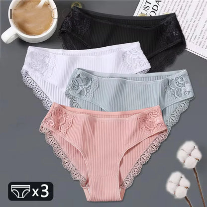 FINETOO 3Pcs/set Women Cotton Panties M-2XL Low-Rise Underwear Trendy Patchwork Lace Briefs Female Soft Underpants Lingerie