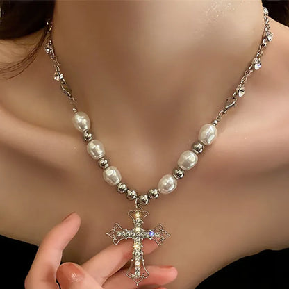 Fashion ins wind hip hop retro pearl necklace Christian cross clavicle chain ladies sweet punk pendant men and women gifts