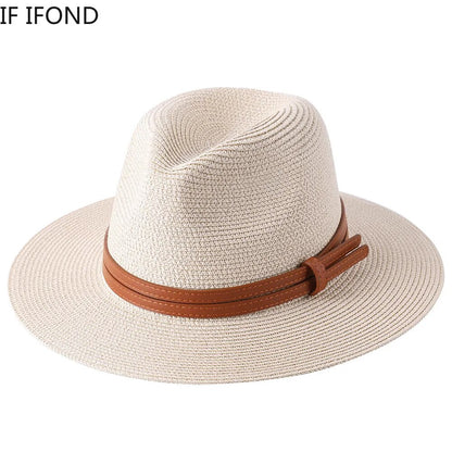 56-58-59-60CM Ny naturlig Panama Mjukformad stråhatt Sommar Dam/Män Bred brättad Strandsolkeps UV-skydd Fedora-hatt