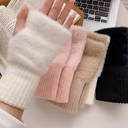 Mink Fleece Soft Winter Half Finger Gloves Women Warm Luxury Solid White Plush Knitted Fingerless Glove Wrist Mittens Writting