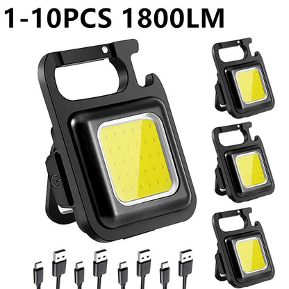 10 pièces Mini LED 1800LM lampe de poche porte-clés multifonctionnel Portable COB lampes de Camping USB charge lumières de travail lanterne de pêche