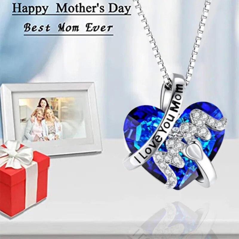 Collier pendentif «maman» de luxe, bijoux en cristal, cœur rouge et bleu, cadeau d'anniversaire, de noël, de fête des mères pour dames