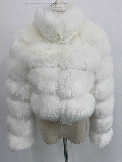 New Fashion Short Winter Faux Fox Fur Coat Women Luxury Stand Fur Collar Thick Warm Furry Jacket Faux Fur Cropped Top