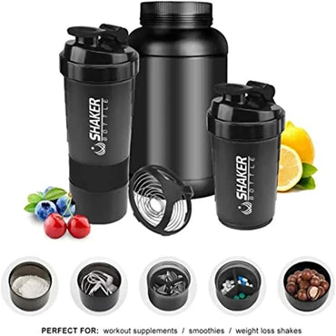 1pc Portable Protein Shaker Cup with Powder Storage Container 500ml Mixer Cup Gym Sport Water Bottles with Wire Whisk Ball