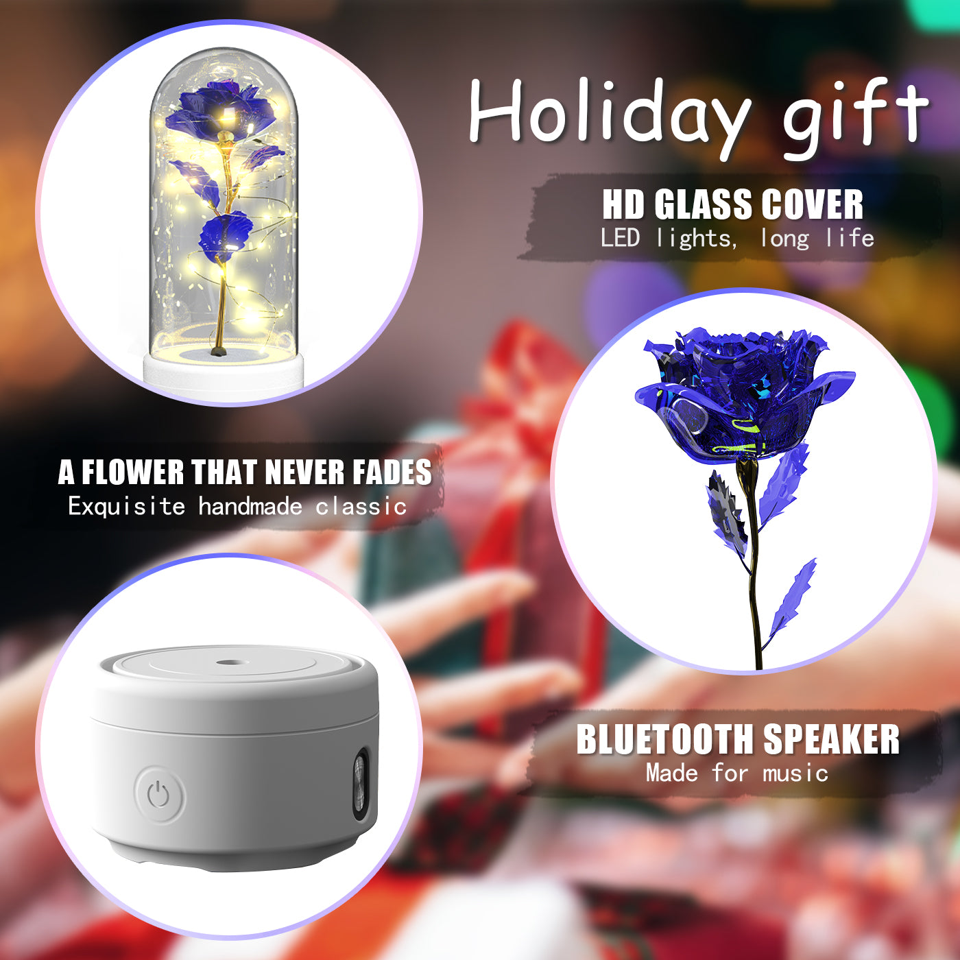 Creative 2 i 1 Rose Flowers LED-ljus och Bluetooth-högtalare Alla hjärtans dag present Rose Lysande Nattljus Ornament i glasskydd