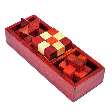 3 In 1 Set Vintage Style Wood Box Packed IQ Wooden Brain Teaser Puzzles Game Toys