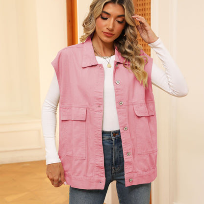 Gilet en jean avec de grandes poches, vêtements d'extérieur sans manches à la mode pour femmes