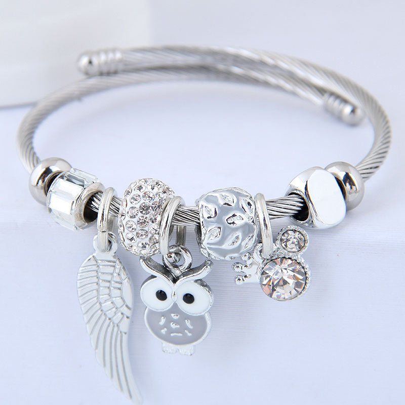 Bracelet en acier inoxydable avec pendentif ailes d'ange hibou perlé bricolage