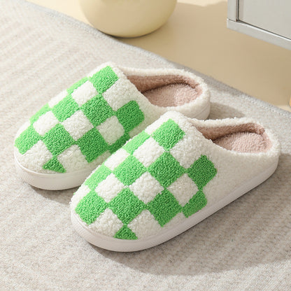 Checkerboard Print Slippers Winter House Shoes Men And Women Couple Home Floor Warm Cotton Slippers