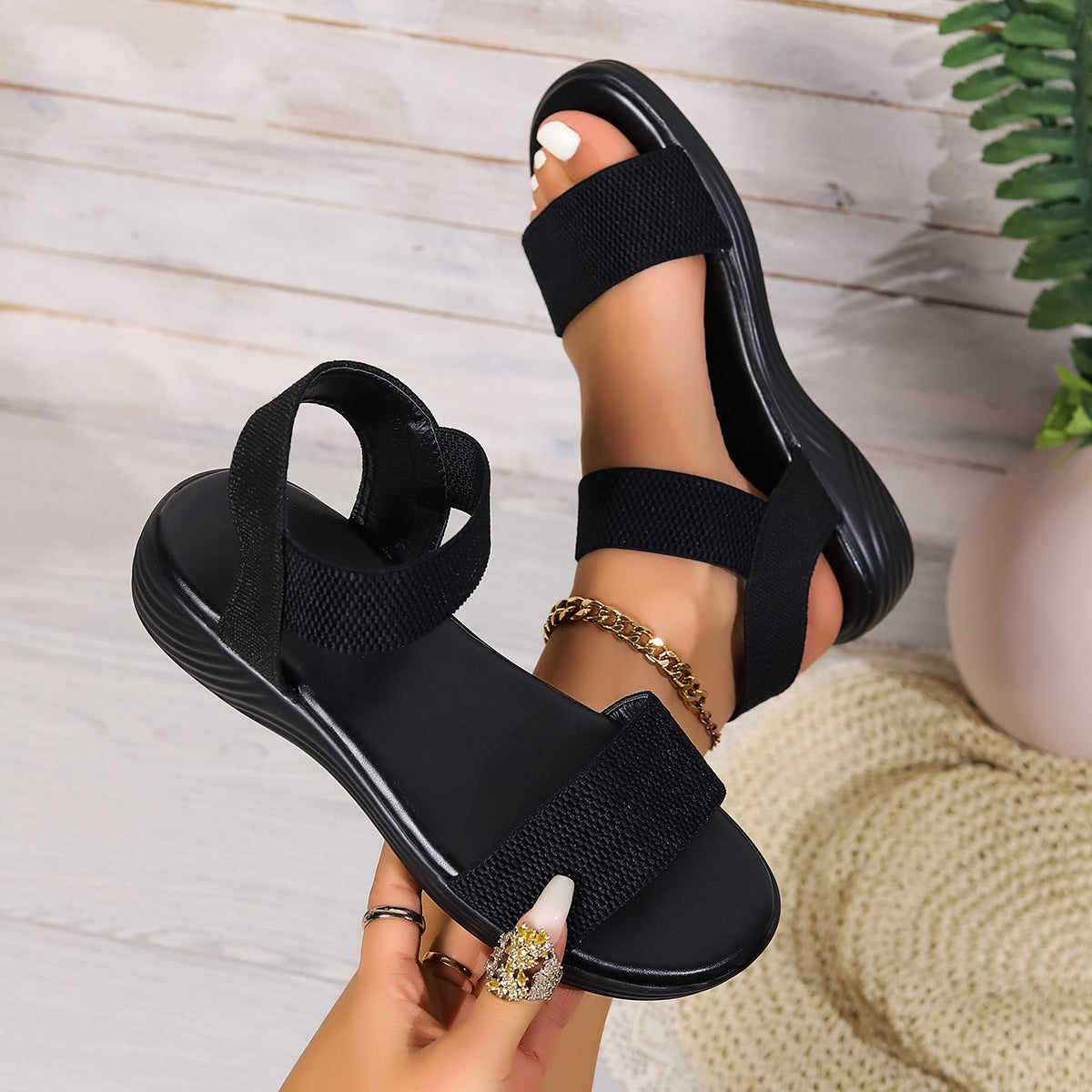 Women's Color-Block Elastic Fish Mouth Flat Sandals - Summer