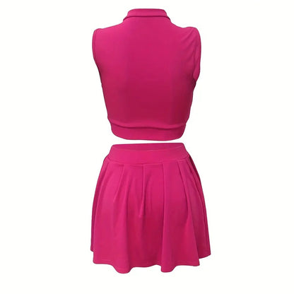 Dam 2-delade outfits kjolset sommar ärmlös crop top veckad kort minikjol