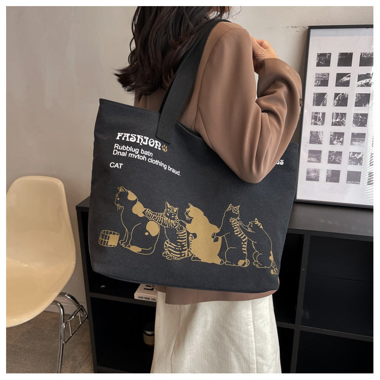 Cute Cartoon Cat Printed Canvas Bag Large Capacity Fashion Shopping Shoulder Bag Student Campus Handbag