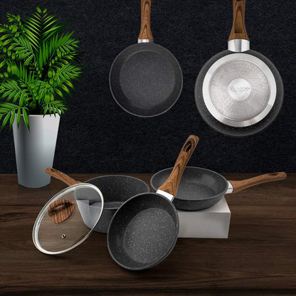 Stekpanna set 3-delad nonstick kastrull Woks kokkärl set, värmebeständig ergonomisk träeffekt bakelit handtag design, PFOA fri