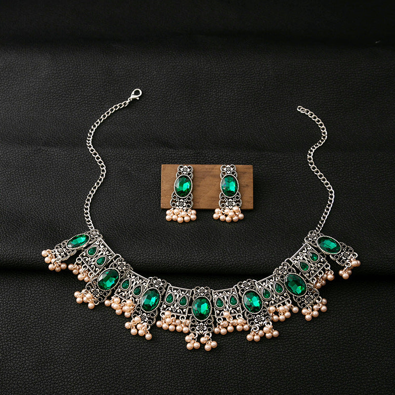 Vintage Emerald Earrings - Ethnic Style Square Tassel Bead Pendant Jewelry Suit
