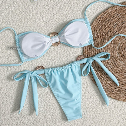 Bikini Sexy Metal Shell High Waist Lace-up Swimsuit For Women