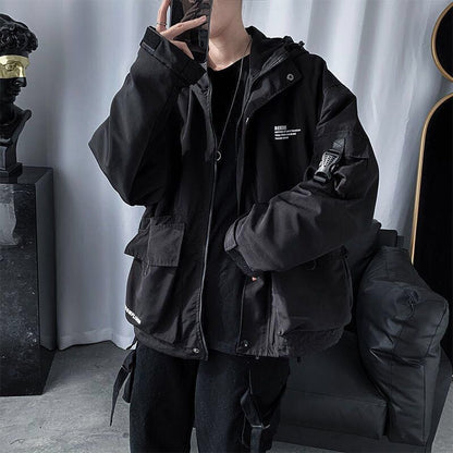 Techwear vestes manteaux Streetwear Cardigan décontracté Bomber vêtements d'extérieur à capuche lettre multi-poches pour hommes