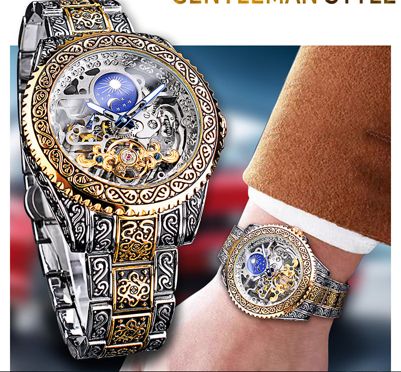 Forsining Skeleton Carved Tourbillon Mechanical Watches Luxury Herrarmbandsur