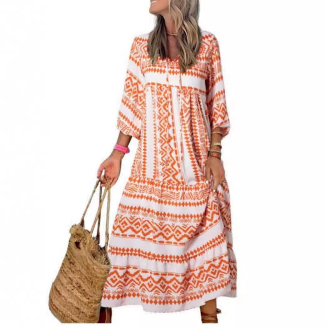 Summer Women's Vintage Printed Bohemian Dress Elegant Ladies Casual Loose V-Neck Short Sleeve Long Dresses