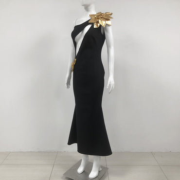 Slim-fit Bandage Golden Flower Maxi Dress