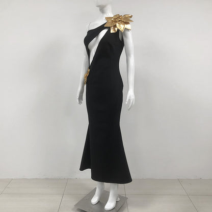 Slim-Fit Bandage Golden Flower Maxi Dress - Black Polyester