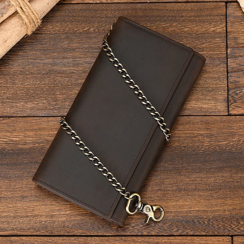 Men's Crazy Horse Leather Long Chain Anti-theft Wallet