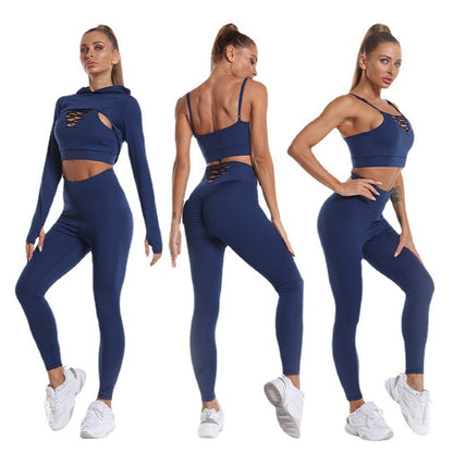 3 pièces costumes de sport à manches longues haut à capuche conception creuse camisole et bout à bout taille haute sans couture Fitness Leggings sport tenues de sport vêtements