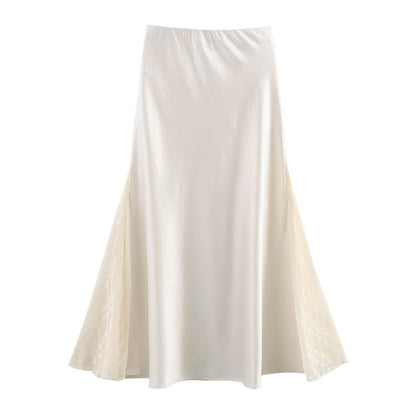Professional Double-Sided Lace Fishtail Satin Skirt - Polyester High-Waisted (Black/White, M-XL, College Style)