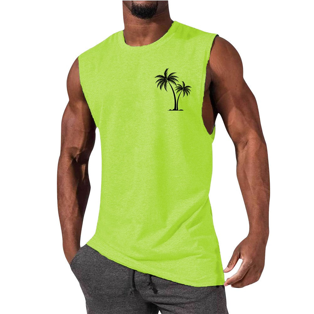 Gilet brodé de cocotier, débardeur de plage d'été, T-shirt d'entraînement musculaire pour hommes, T-shirt de sport et de Fitness