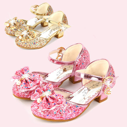 Chaussures pour enfants quatre saisons Chaussures à talons hauts pour filles Chaussures en cuir de performance petite princesse Escarpins pour enfants argentés Chaussures en cristal pour enfants moyens et grands