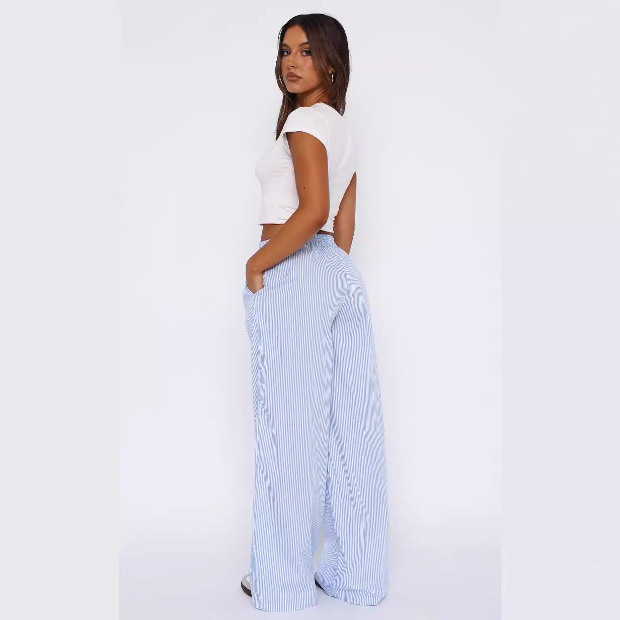 Fashion Y2K Striped Straight Trousers Summer Elastic High Waist Wide Leg Pants For Women