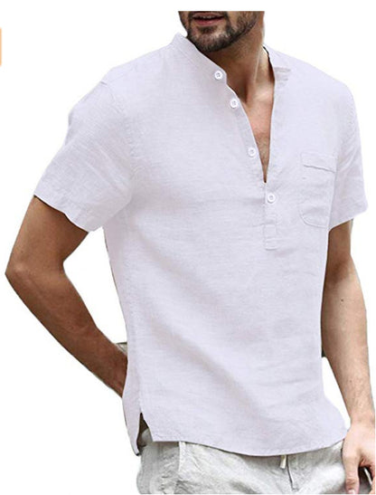 Chemise décontractée en lin de couleur unie, bouton, col en V, chemise de plage pour hommes, hauts d'été