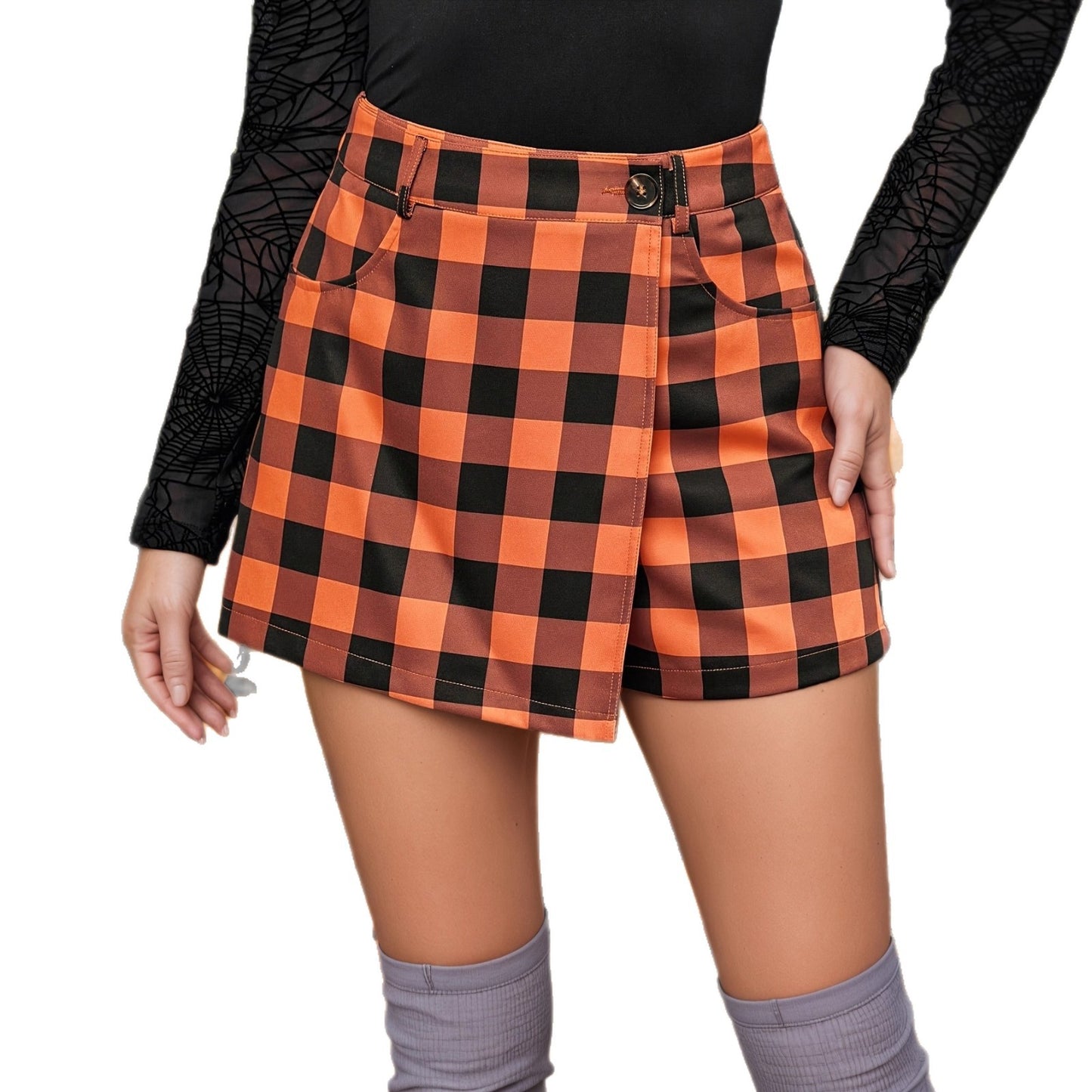 Womens Fashionable Irregular Plaid Culottes In Pumpkin Color