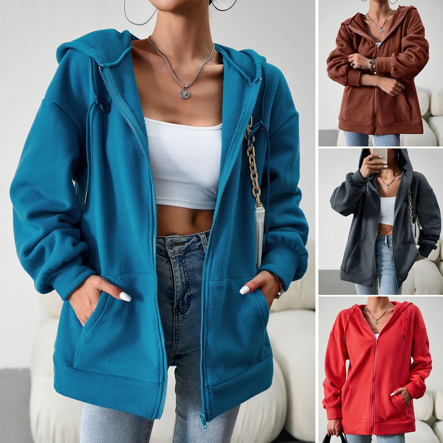 Casual Fashion Hooded Cardigan Jacket With Pockets Winter And Autumn Loose Sports Coat Women Solid Outwear Clothing