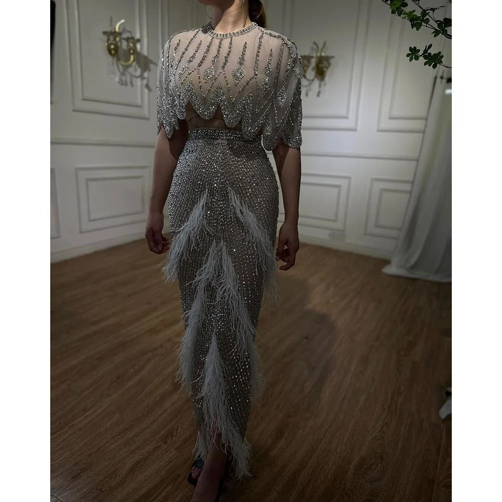 Silver Nude Slim-fit Feather Shawl Evening Dress