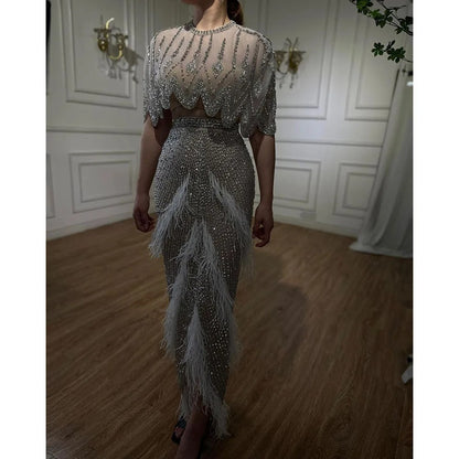 Silver Nude Slim-fit Feather Shawl Evening Dress