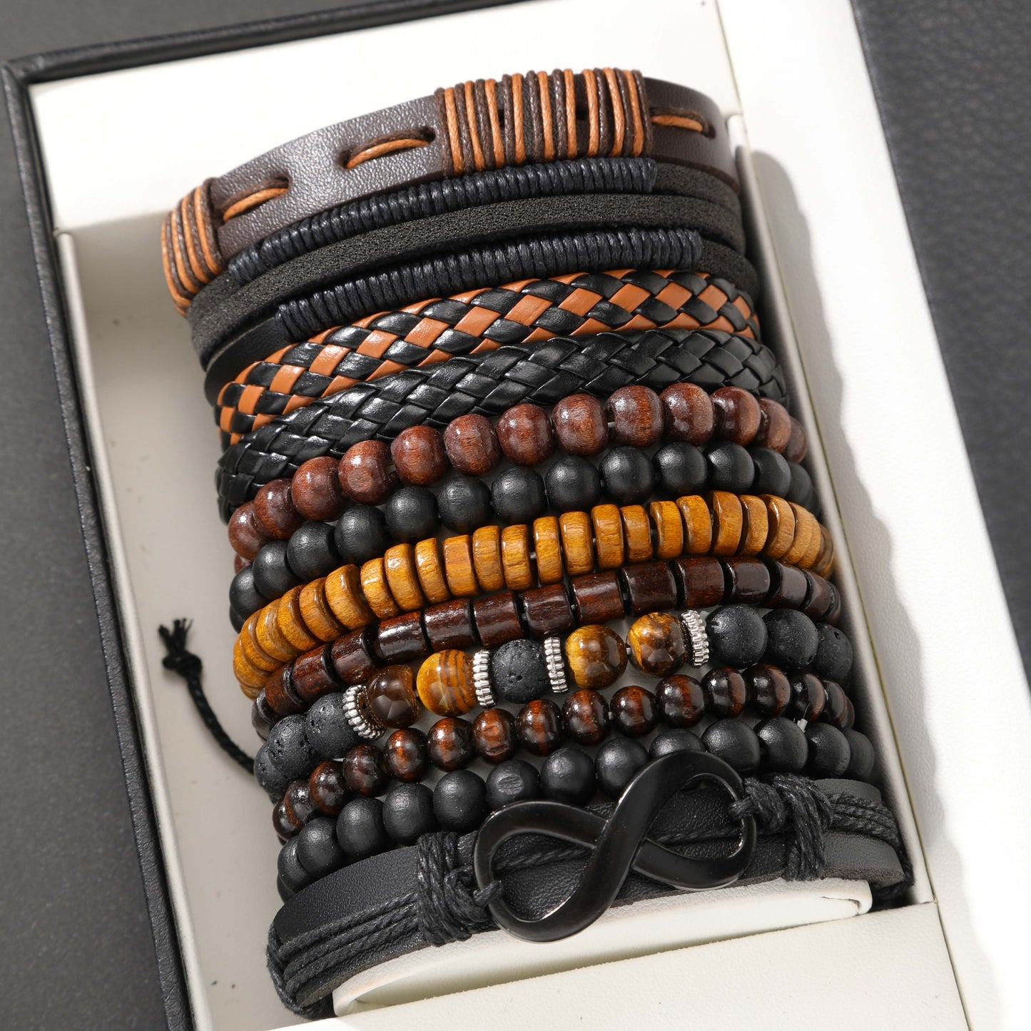 Vintage Men's Bracelet Set - Woven Leather, Tiger's Eye, and Moonstone