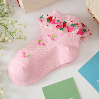 Strawberry Socks Girls Lace Socks Cotton  Children