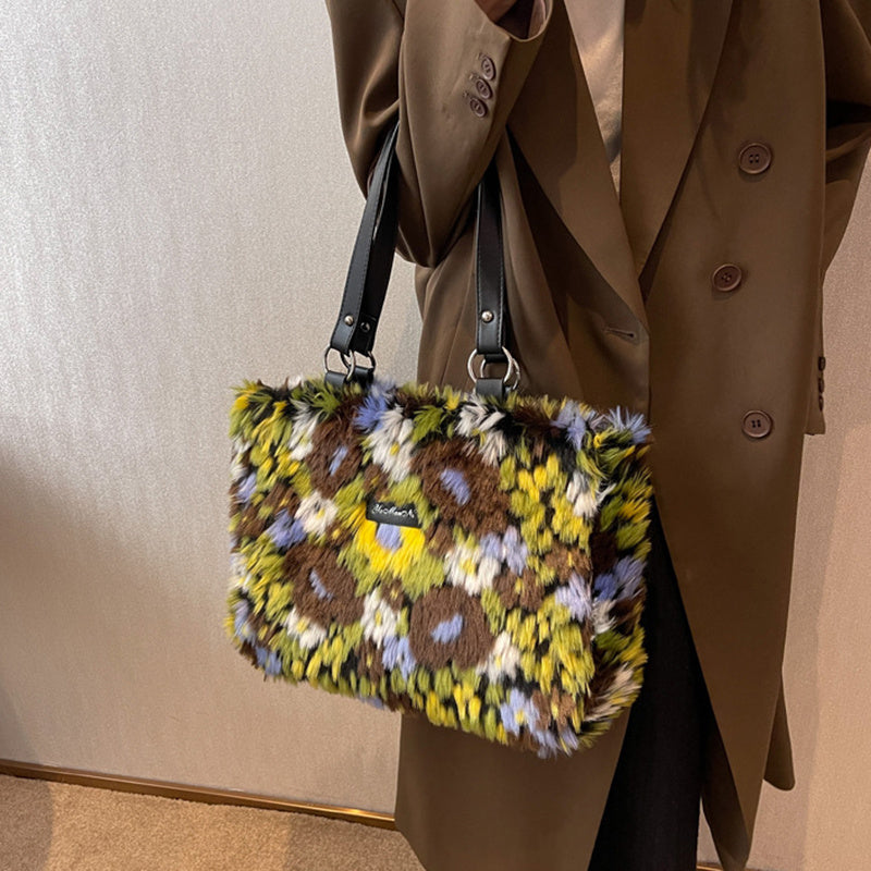 Sacs en peluche d'hiver pour femmes, sac à bandoulière à fleurs, sac à main