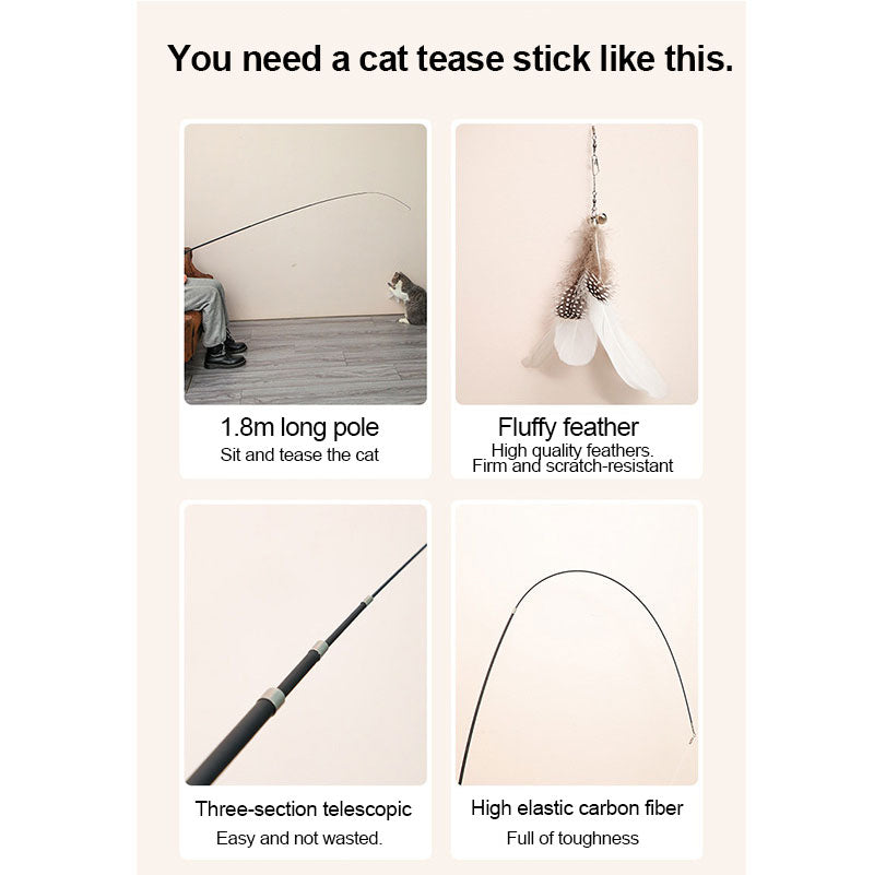 Pet Toy Cat-teasing Stick Extendable 180cm Rod Feather Replacement Head Adjustable Extendable Cat-teasing Stick Fishing Cat Toy