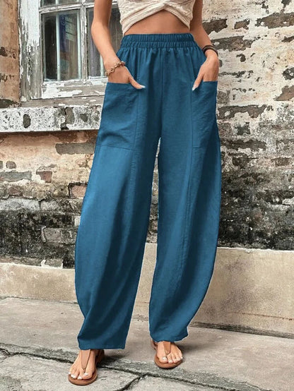 Women's Harem Pants With Pockets High Waisted Casual Beach Pants Loose Trousers Summer